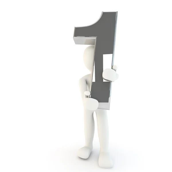 3D Human character holding silver number one — Stock Photo, Image