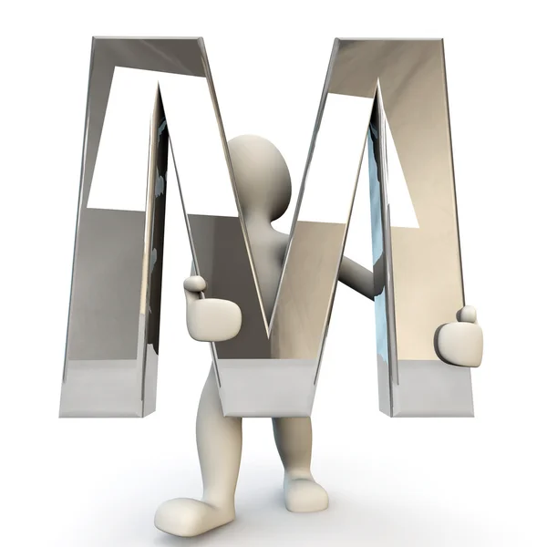3D Human character holding silver letter M — Stock Photo, Image