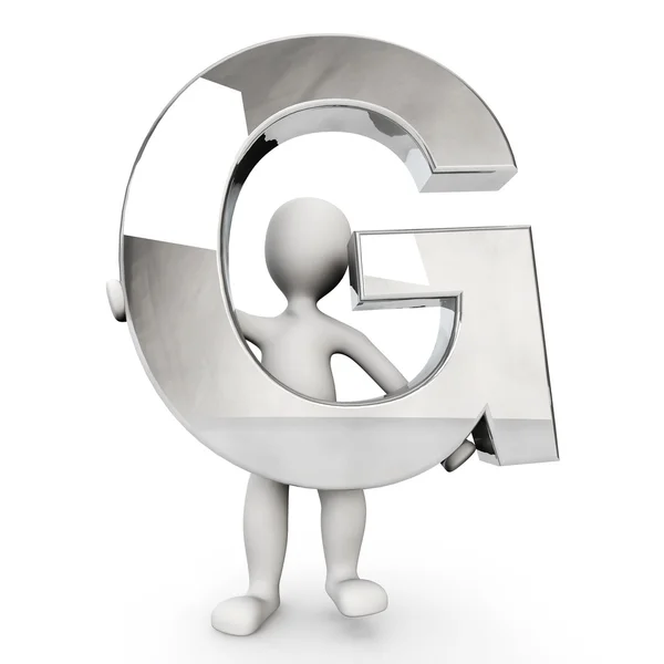 3D Human character holding silver alphabet letter G — Stock Photo, Image