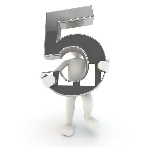 3D Human character holding silver number five — Stock Photo, Image