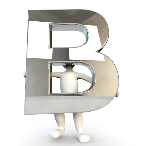 3D Human character holding silver letter B — Stock Photo, Image