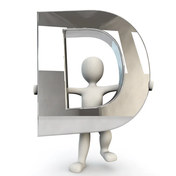 3D Human character holding silver letter D — Stock Photo, Image