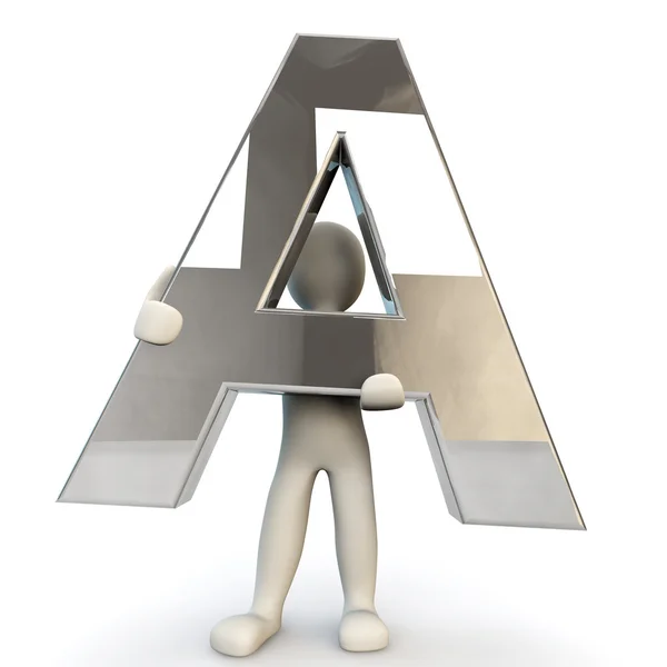 3D Human character holding silver letter A Stock Image