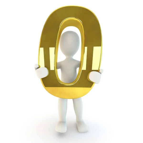 3D Human character holding golden number zero — Stock Photo, Image