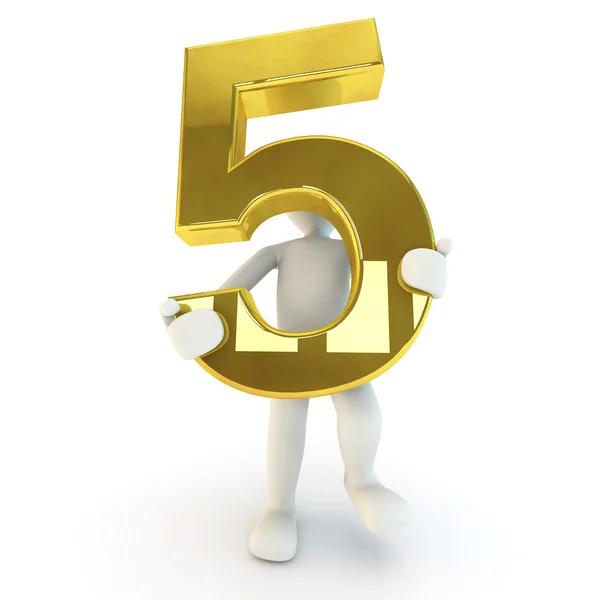 3D ανθρώπινο χαρακτήρα κρατώντας χρυσό αριθμό πέντε — Φωτογραφία Αρχείου