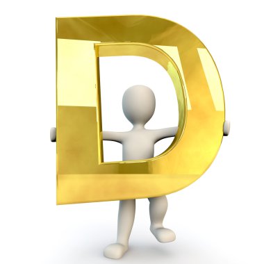 Altın Alfabe harf D tutan 3d insan karakteri