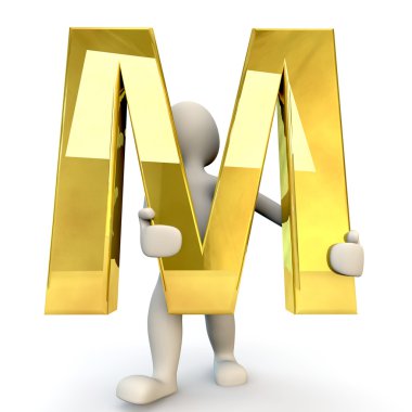 3D Human character holding golden alphabet letter M
