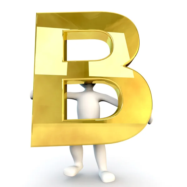 3D Human character holding golden alphabet letter B — Stock Photo, Image