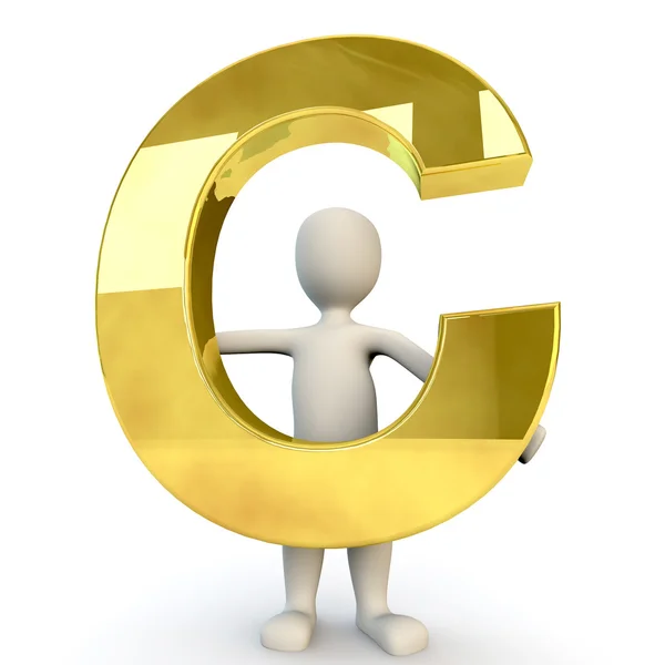 3D Human character holding golden alphabet letter C — Stockfoto