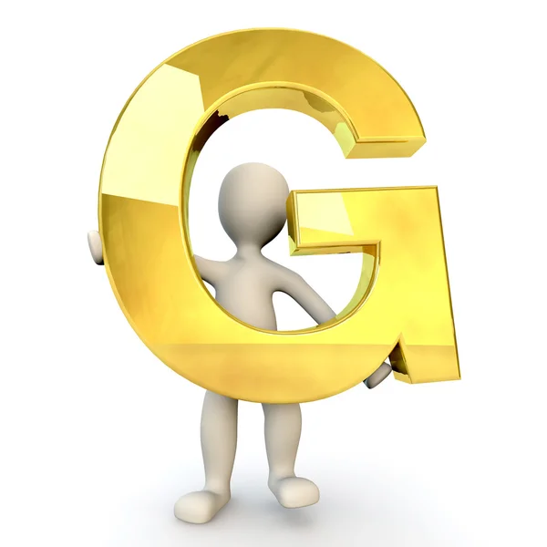 3D Human character holding golden alphabet letter G — Stock Photo, Image