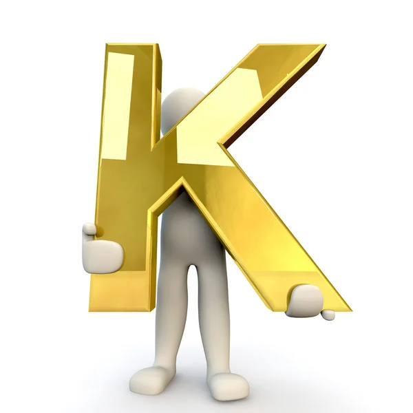 3D Human character holding golden alphabet letter K — Stock Photo, Image