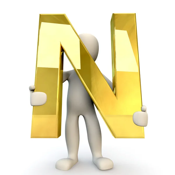 3D Human character holding golden alphabet letter N — Stockfoto