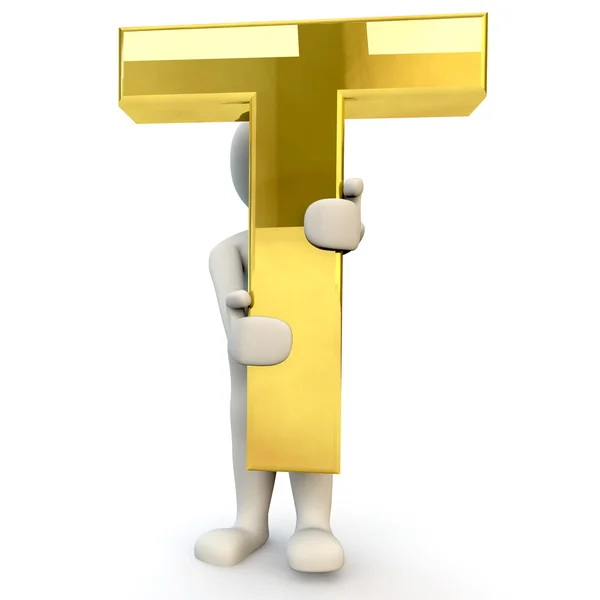 3D Human character holding golden alphabet letter T — Stock Photo, Image