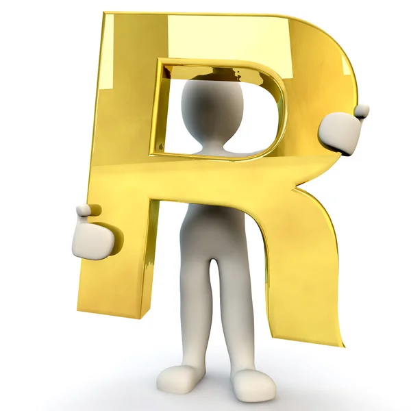 3D Caractère humain tenant la lettre d'alphabet doré R — Photo