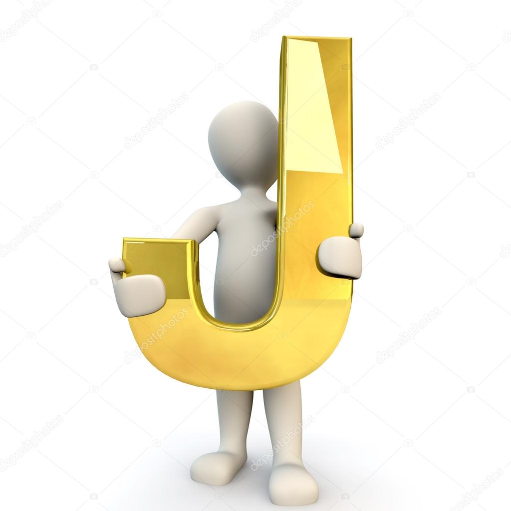 3D Human character holding golden alphabet letter J — Stock Photo, Image