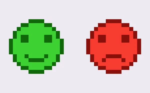 Emosi 8 bit yang bahagia dan tidak bahagia. Karakter hijau gembira dengan wajah tersenyum dan merah sedih dengan depresi marah. - Stok Vektor