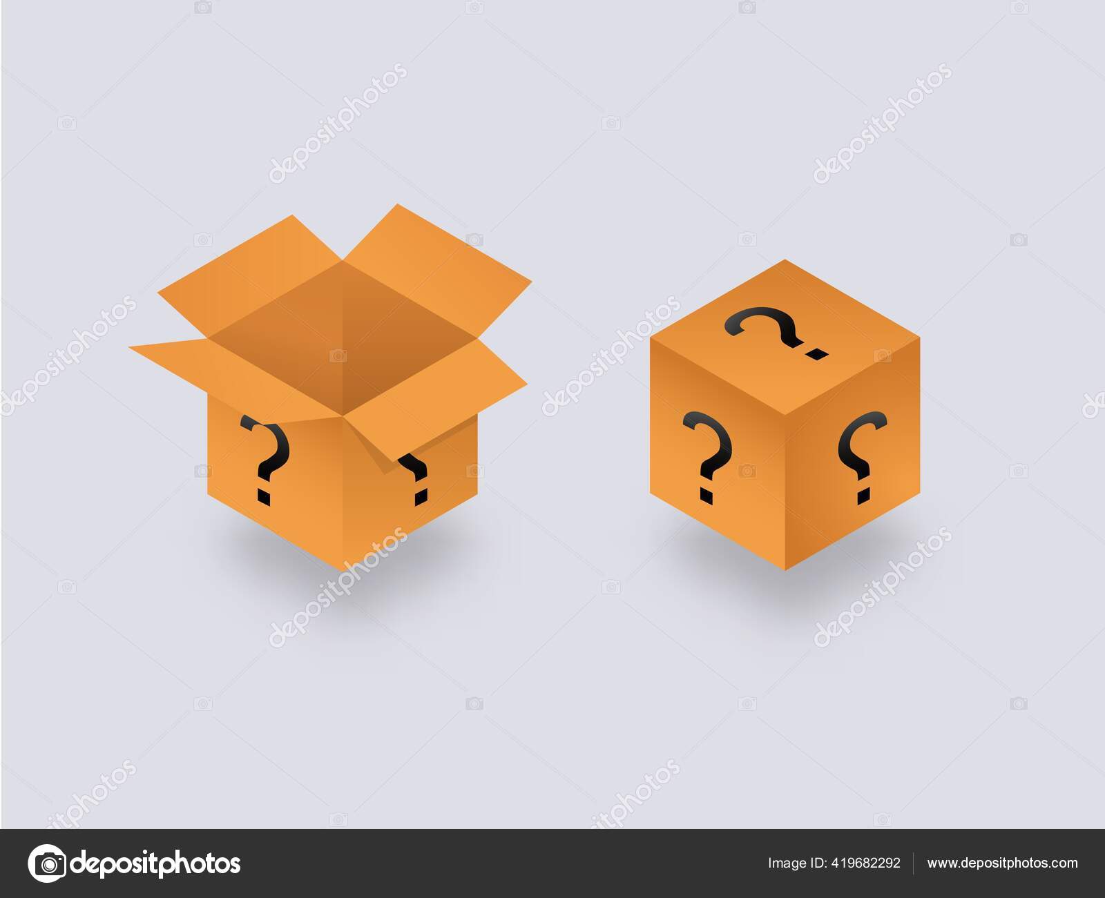 Misteriosa caja secreta isometría abierta y cerrada. Embalaje de cubo con  signos de interrogación amarillos. Vector de stock #419682292 de ©DeziDezi, image size:1600x1301
