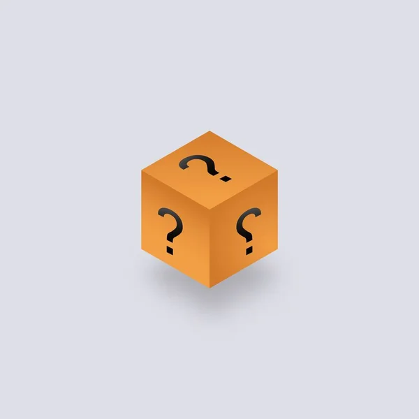 Таємна містична коробка ізометрія. Жовта кубічна упаковка з невідомими знаками питання . — стоковий вектор