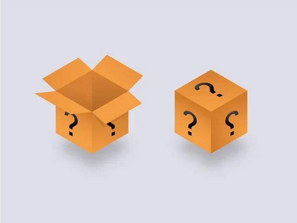 Kotak rahasia misterius terbuka dan tertutup isometri. Kemasan kubus dengan tanda tanya kuning. Stok Vektor Bebas Royalti