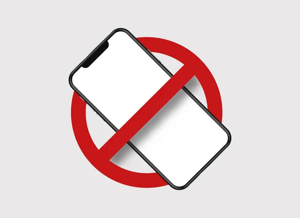 Ponsel dilarang. Smartphone dalam lingkaran dicoret dengan garis merah melarang penggunaan gadget elektronik. Stok Vektor
