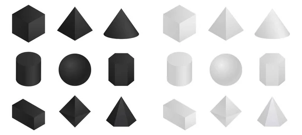 Geometrik 3D şekiller izometrik. Beyaz ve siyah çokgen projeksiyonlu yuvarlak ve piramit şekilleri. — Stok Vektör