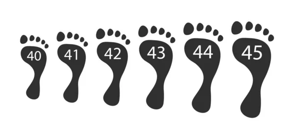 Ukuran kaki manusia. Cetak hitam kaki telanjang dari 40 sampai 45 volume seleksi anatomi. Grafik Vektor