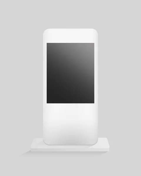 Digitales Gadget am Stand. Weißes Gerät mit dunklem LCD-Bildschirm und drahtloser Smart-Technologie. — Stockvektor