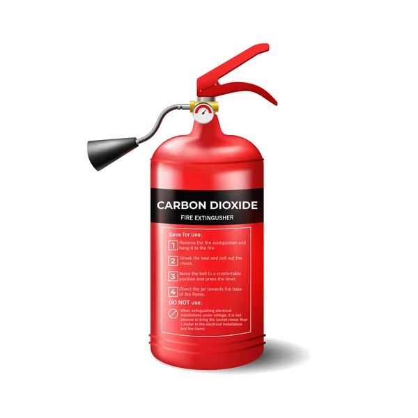 Alat pemadam merah portabel dengan instruksi. Silinder pemadam kebakaran dengan semprotan hitam dan sensor tekanan. - Stok Vektor