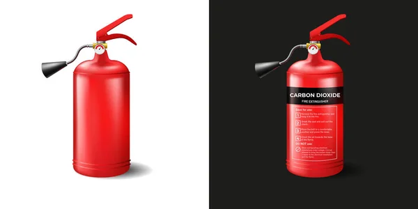 Templat alat pemadam kebakaran merah. Balon logam dengan busa dan instruksi untuk menggunakan silinder pemadam kebakaran - Stok Vektor