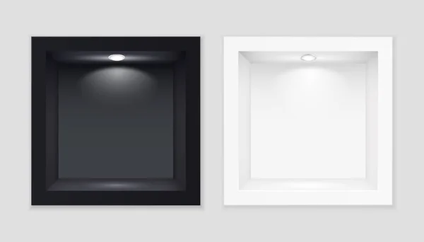 Mostras cúbicas de exposição em preto e branco com modelo iluminado —  Vetores de Stock