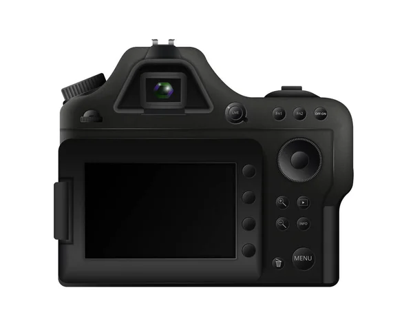 Zwart digitaal camerasjabloon. Professionele gadget met drukknop instellingen interface — Stockvector