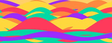 Parlak, üst üste binen formlarda koyu asit dalgaları içeren renkli soyut tasarım..