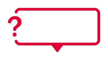 Kırmızı kenarlık çerçevesi içinde iki nokta üst üste olan kırmızı soru konuşma balonu.