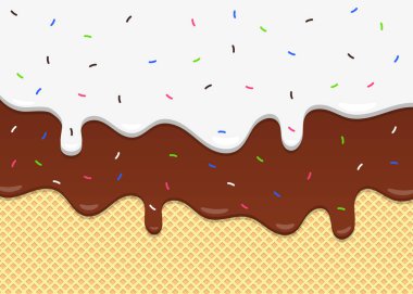 Çikolatalı gofret üzerine erimiş dondurma. Arka plandaki süt kreması eriyor.