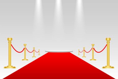 Kırmızı halı ve altın bariyerler VIP etkinliği, lüks kutlamalar. Ünlüler partisi girişi. Büyük açılış. Şeffaf arka planda parlak eskrim. Sinema prömiyeri