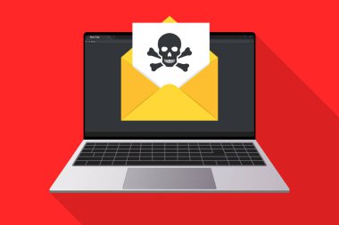 Laptop ve zarfta belge ve kafatası simgesi var. Virüs, kötü amaçlı yazılım, e-posta dolandırıcılığı, e-posta gönderme, sahte dolandırıcılık, hacker saldırısı.