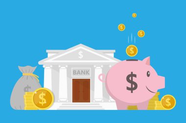 Tasarruf veya tasarruf konsepti veya banka mevduatı, kumbara, para çantası, banka illüstrasyon vektörü