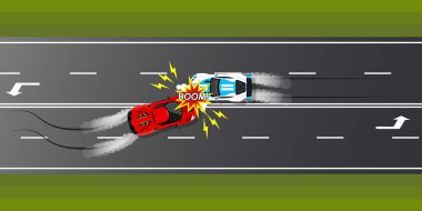 Trafik kazası. İki araba kaza yaptı. Yol güvenliği kavramı. Vektör illüstrasyonu