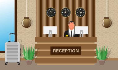 Otel resepsiyonu. Gelen misafirler bilgi, kayıt masası vektör turizmi konsepti