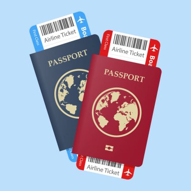 Biletli iki pasaport. Uçak biletleri pasaportların içinde. Hava yolculuğu konsepti. Turizm konsepti. Vektör illüstrasyonu