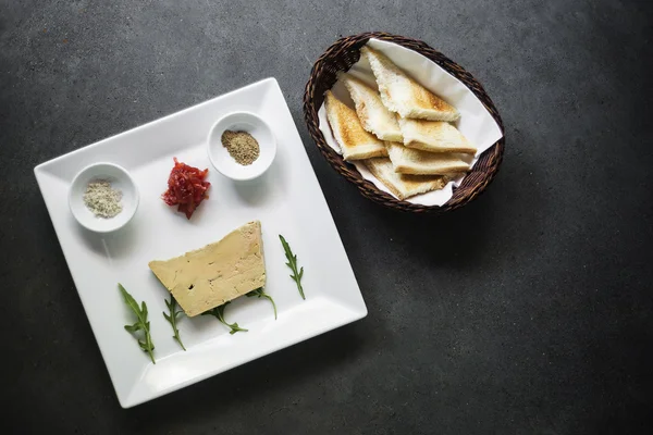 Traditional french foie gras pate and toast starter snack platte — Stock Photo, Image