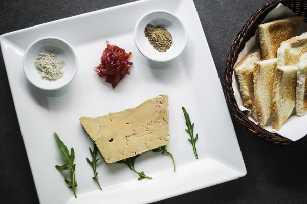 Traditional french foie gras pate and toast starter snack platte — Stock Photo, Image