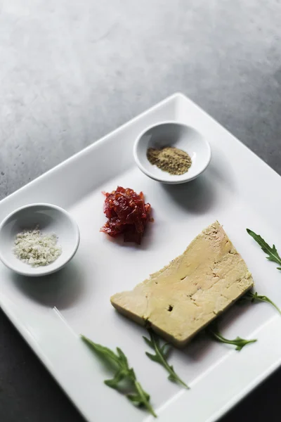 Traditional french foie gras pate and toast starter snack platte — Stock Photo, Image