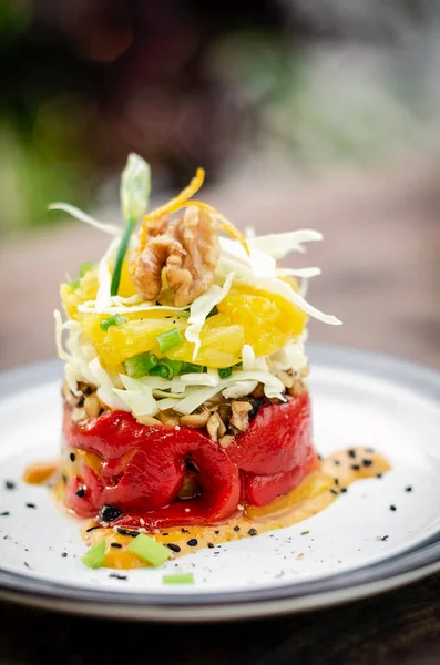 Roasted Red Bell Pepper Orange Quinoa Walnut Healthy Vegan Tapas — Stock Photo, Image