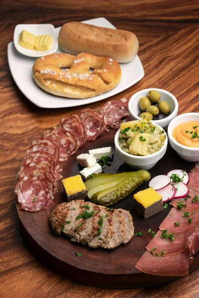German Cold Cuts Tapas Snack Platter Meats Bread Wood Table — Stock Photo, Image