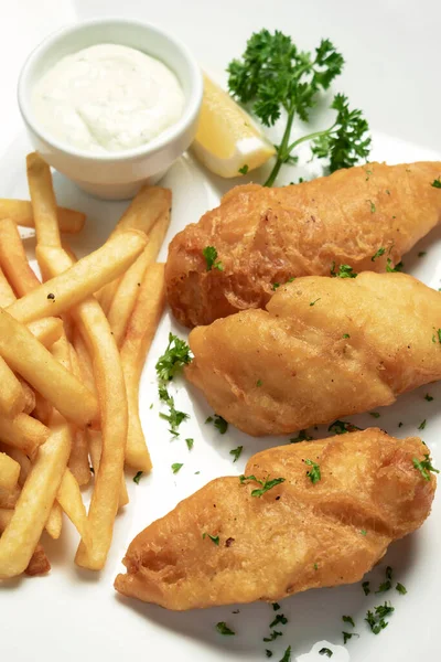 British Traditional Fish Chips Meal White Plate — Stock Photo, Image