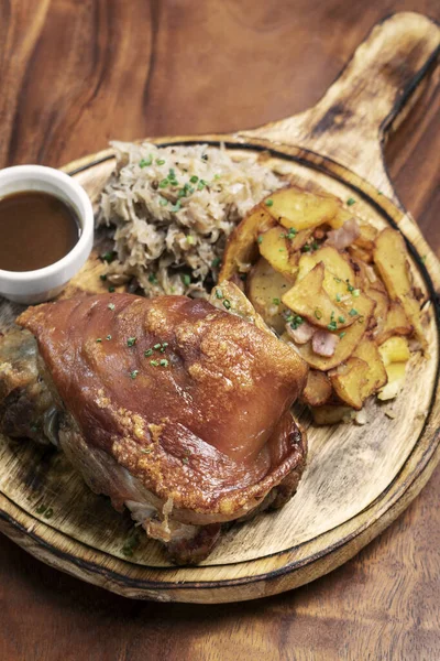 Schweinshaxe Traditional German Pork Knuckle Sauerkraut Potatoes Bavarian Meal Rustic — Stock Photo, Image