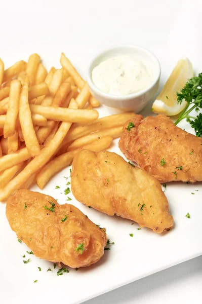 British Traditional Fish Chips Meal White Plate — Stock Photo, Image