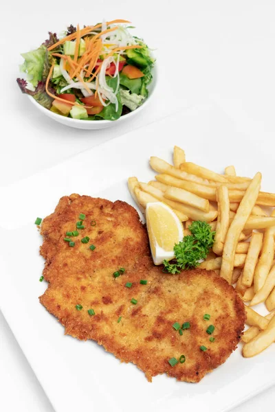 German Breaded Pork Schnitzel French Fries White Studio Background — Stock Photo, Image