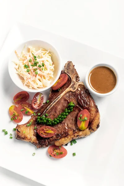 Grilled Bone Beef Green Peppercorn Steak Coleslaw Gravy White Plate — Stock Photo, Image